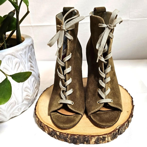 Carolina Herrera Shoes - Carolina Herrera Lace-Up Peep Toe Heels | Size 38 | Suede Tan Brown Booties CH